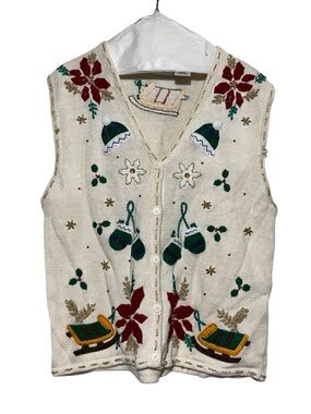 Vintage Ugly Christmas Sweater Vest Women Size Large Cream Holiday Festive